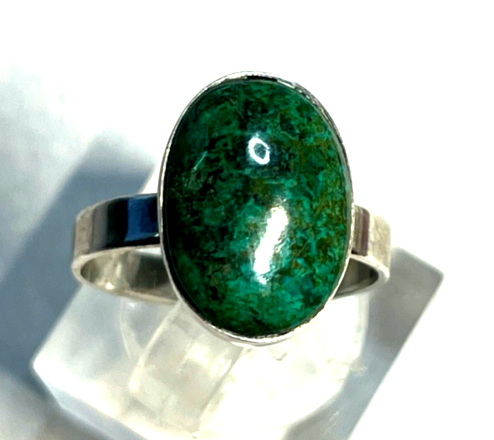 Solider 925 Silber Ring Chrysokoll Cabochon Besatz Handarbeit Ø 17 mm RG 54 Nr.32