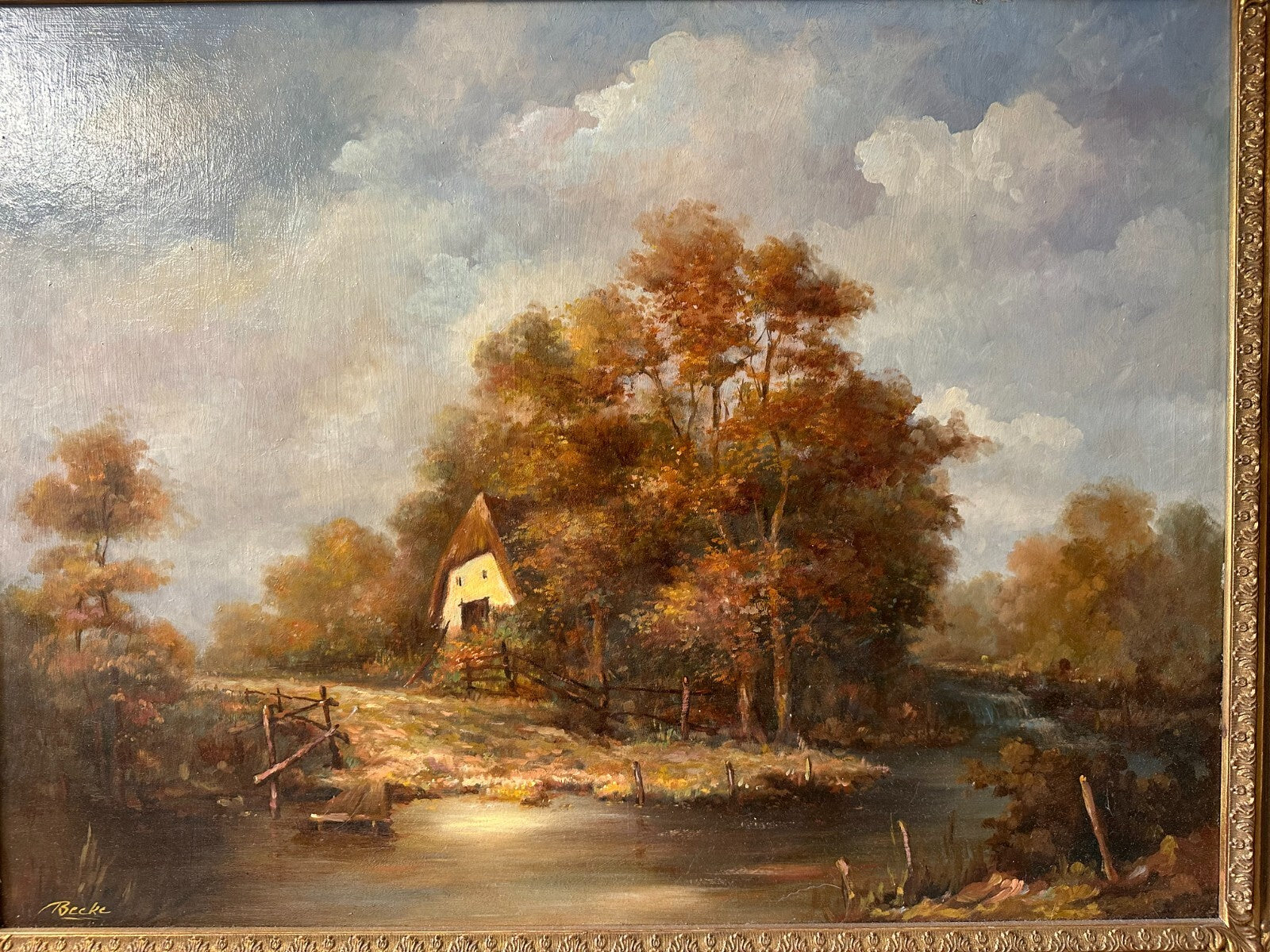 Öl auf Leinwand - Becke - Landschaftsmalerei - Scheune am Fluss - signiert gerah1