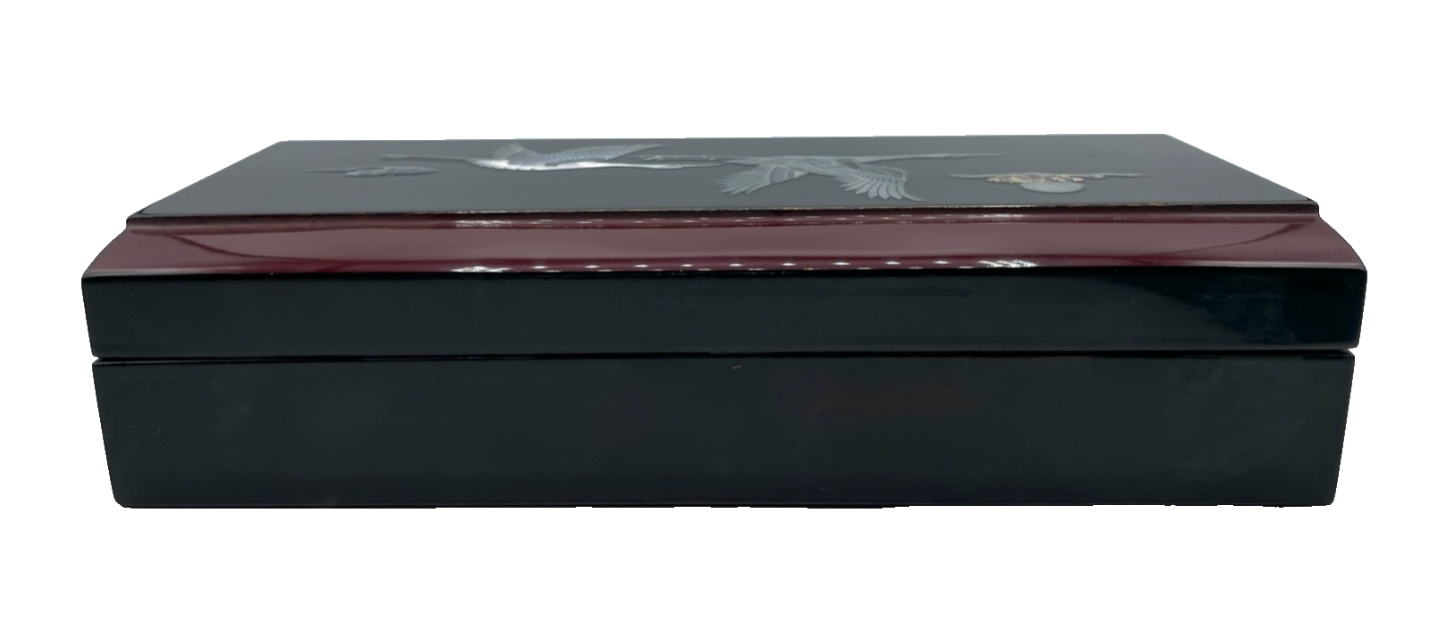 Vintage Chinalack Lack Dose Deckeldose Reiher Perlmutt Einlage Kranich gepflegt5