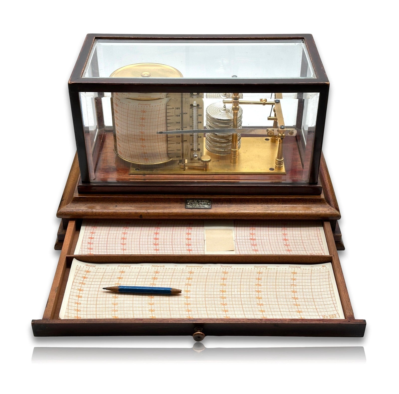 Barograph - C. Erbe Tübingen - Luftdruckmesser um 1900 - facettiertes Glas2