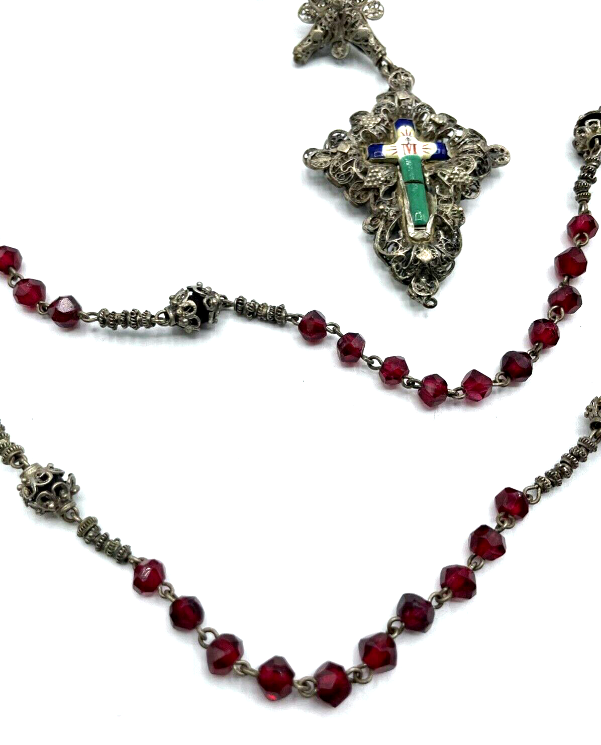Antik Biedermeier Rosenkranz Filigran Silber farbig + Emaille + rote Glas Perlen7