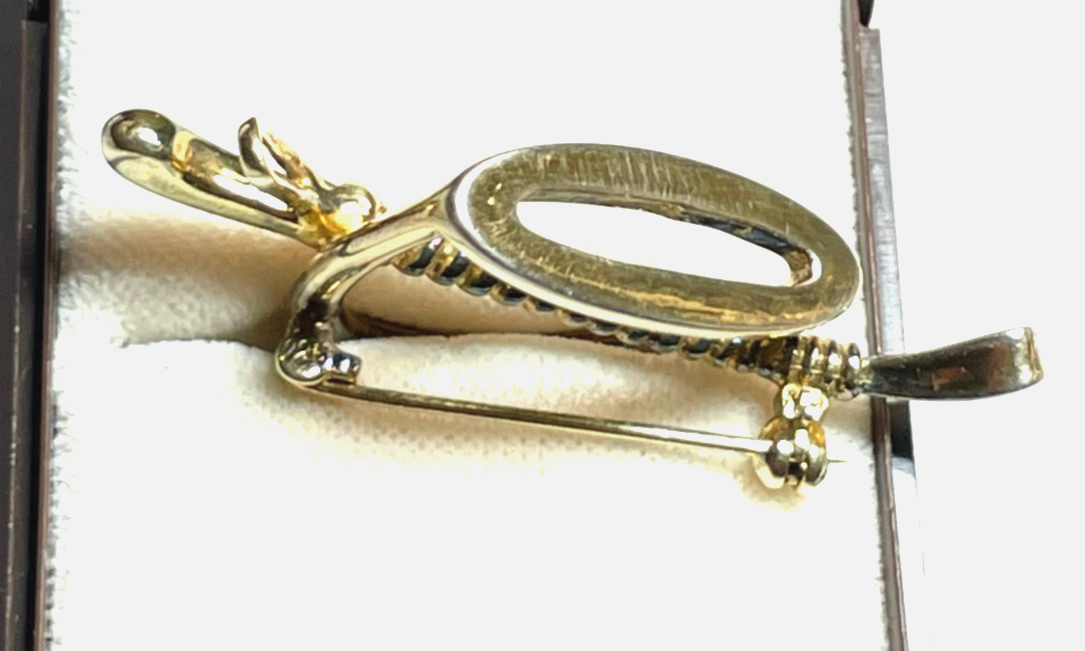 Vintage 925 Silber vergoldet Pferdefreund Brosche Steigbügel + Gerte gepflegt3