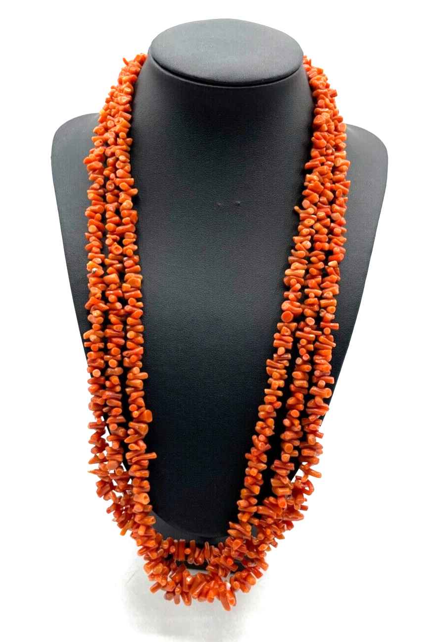 Stattliche Korallenkette 3 reihig Koralle Collier 925 Silber Kastenschloß Lachs1