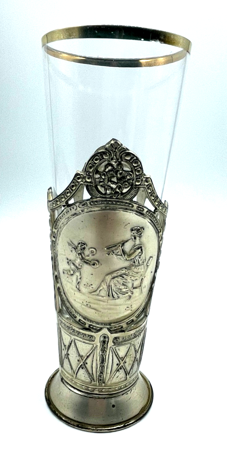 Antik Jugendstil Glas in versilberter Metall Montur mit Flötistin + Putte Engel0