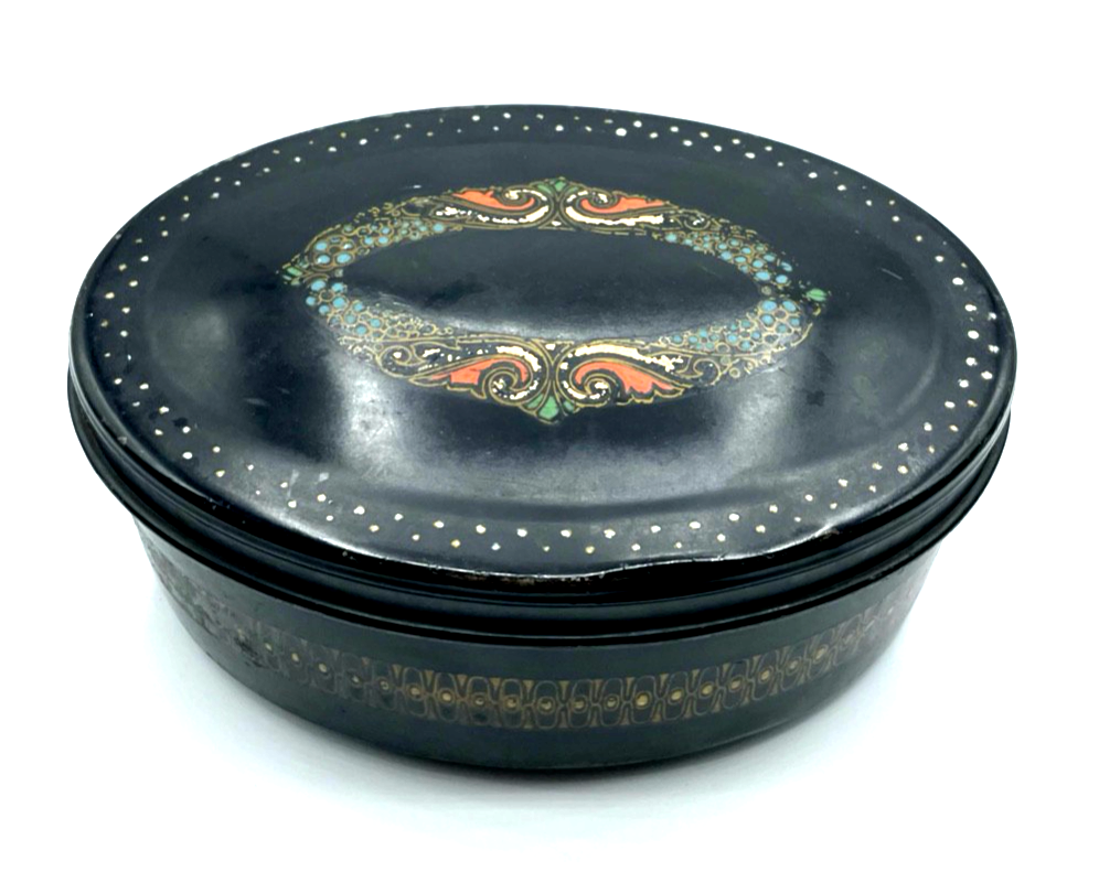 Antik attraktive ovale Blechdose Keksdose Deckeldose Jugendstil Dekor um 19000