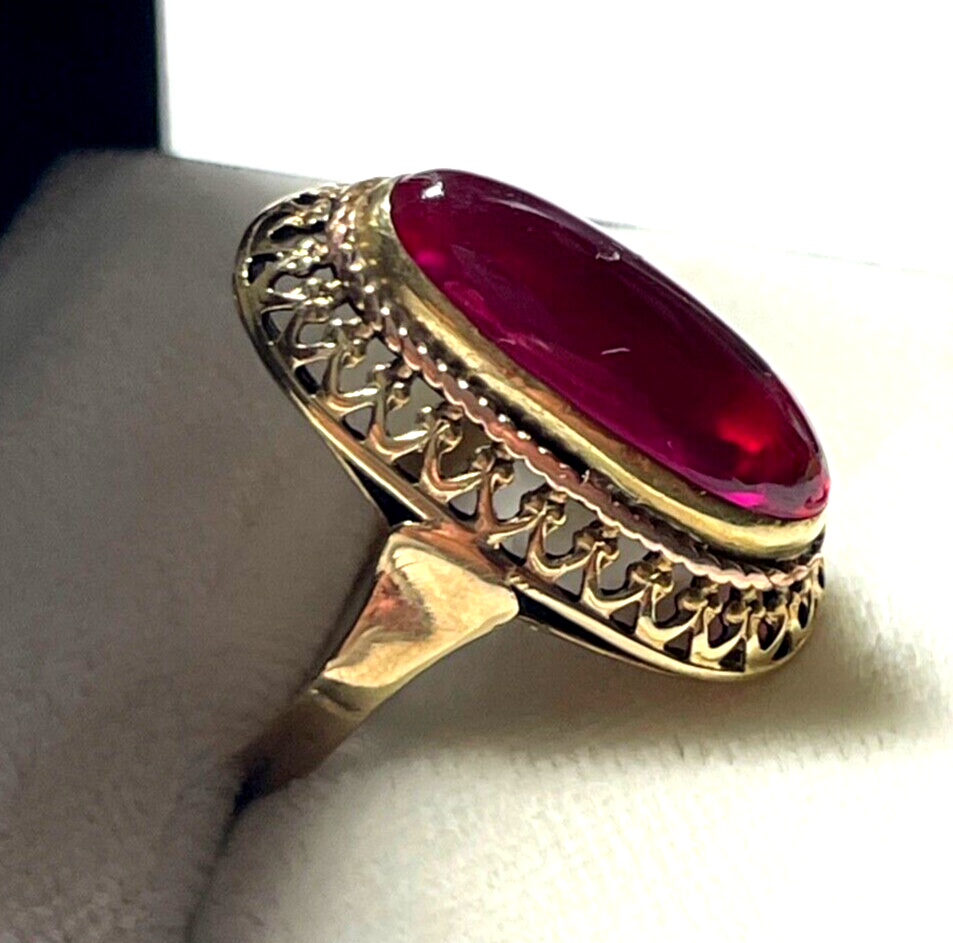 585 Gold 14 K antik Ring mit rotem Korund Farbstein Cabochon RG 47 Juwelier gepf8