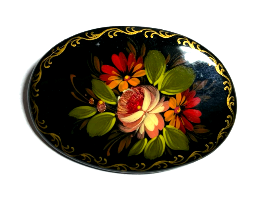 Vintage handgemalt oval Lack Brosche Lackmalerei Blumenbukett sign. Handarbeit1
