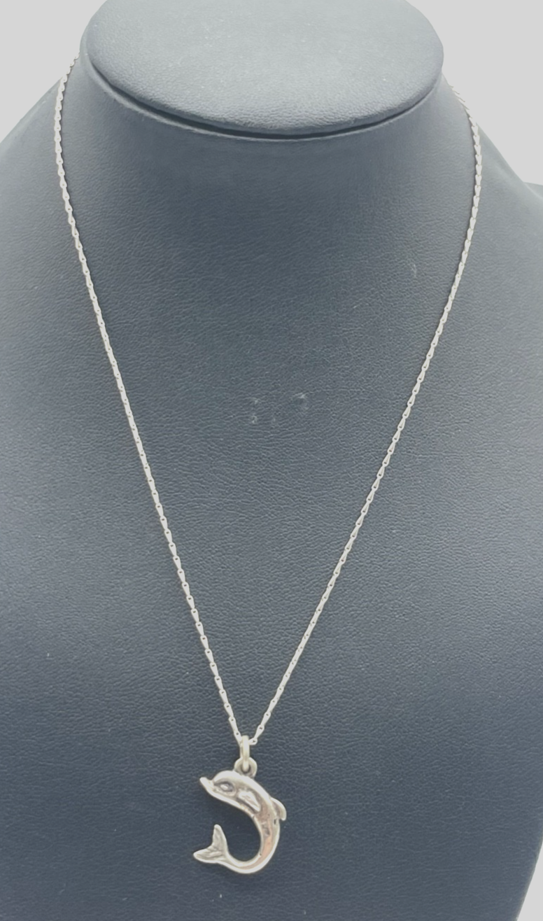 Vintage Delphin Delfin Anhänger 925 Silber an Gliederkette 40 cm 835 Silber gepf1