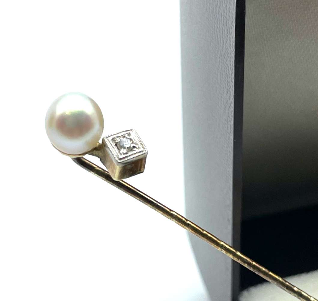 Antik 585 Gold 14 K Gold Reversnadel echte Perle + Achtkant Altschliff Diamant5