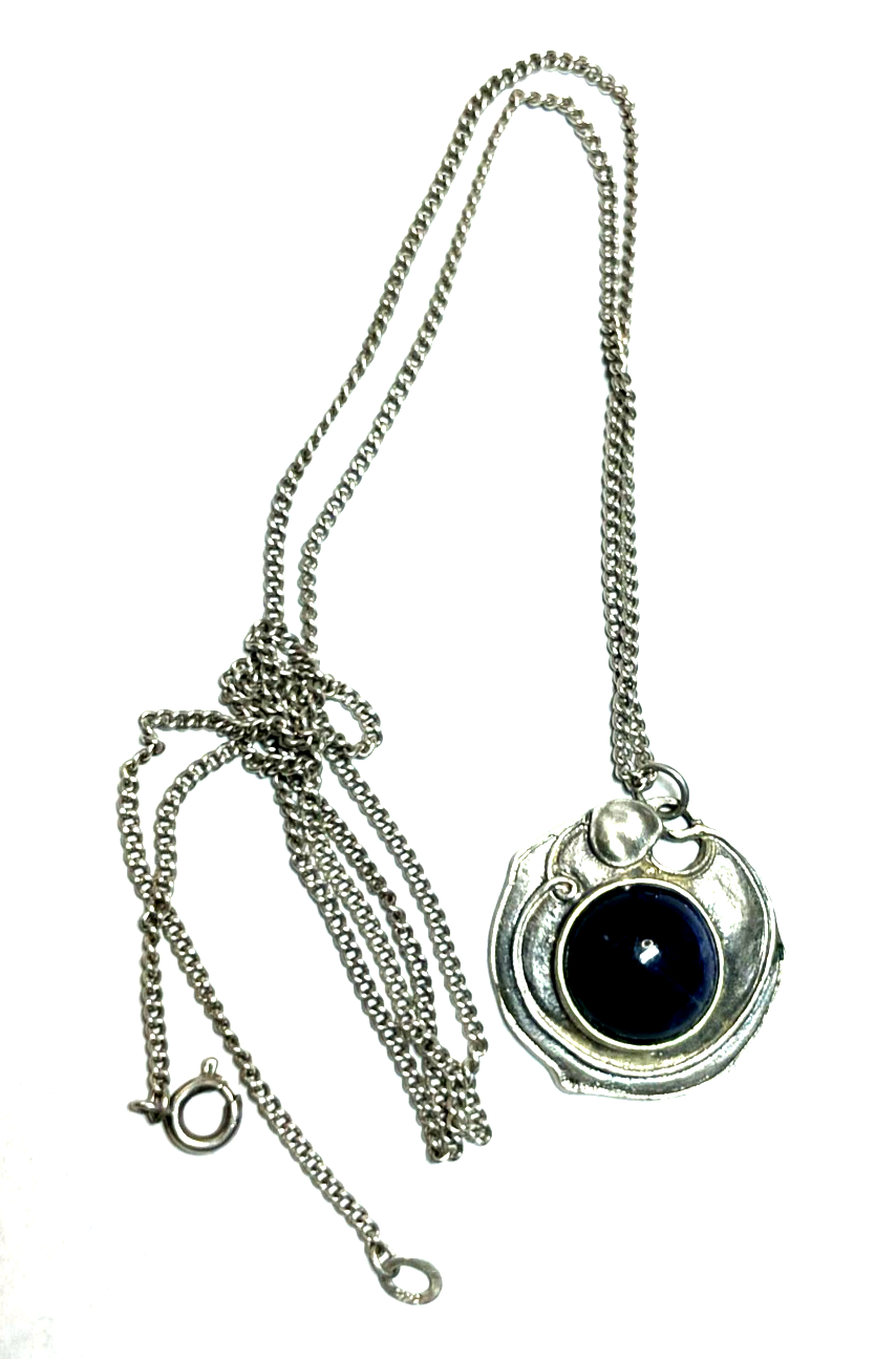 Antik Jugendstil 835 Silber Anhänger mit Lapislazuli Cabichon Panzerkette 61 cm0