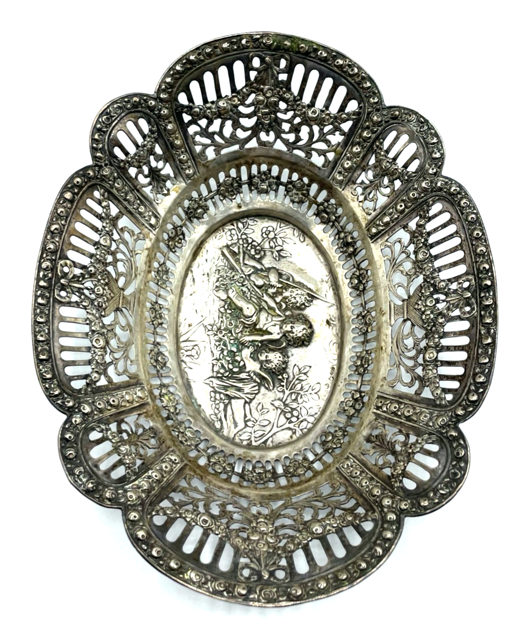 Antik 800 Silber Körbchen Anbietschale Durchbruch Putten Rosen Dekor L 21,2 cm9