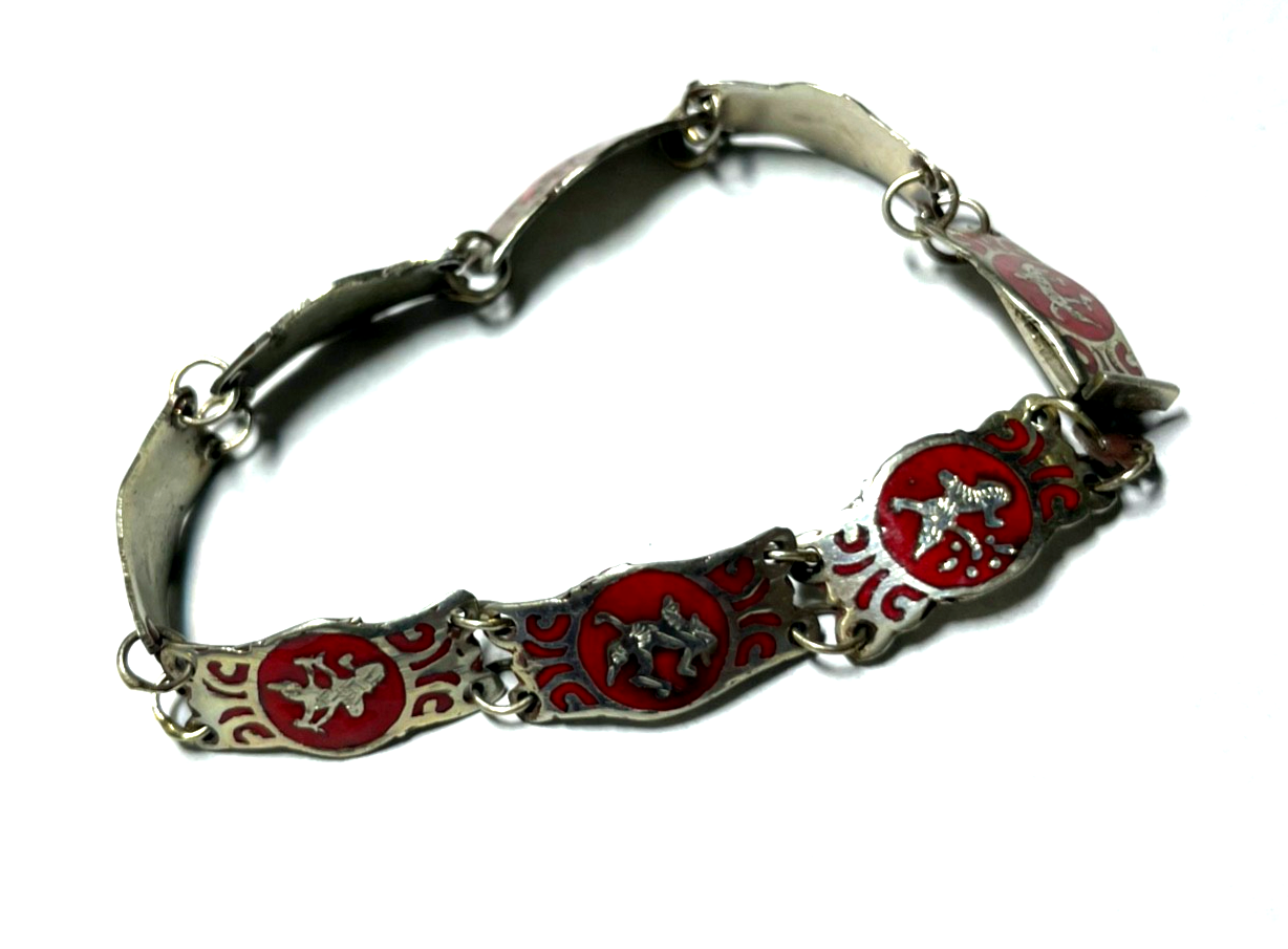 Vintage Siam Sterling Armband rote Emaille Technik feines Dekor gepfl. L 16 cm2