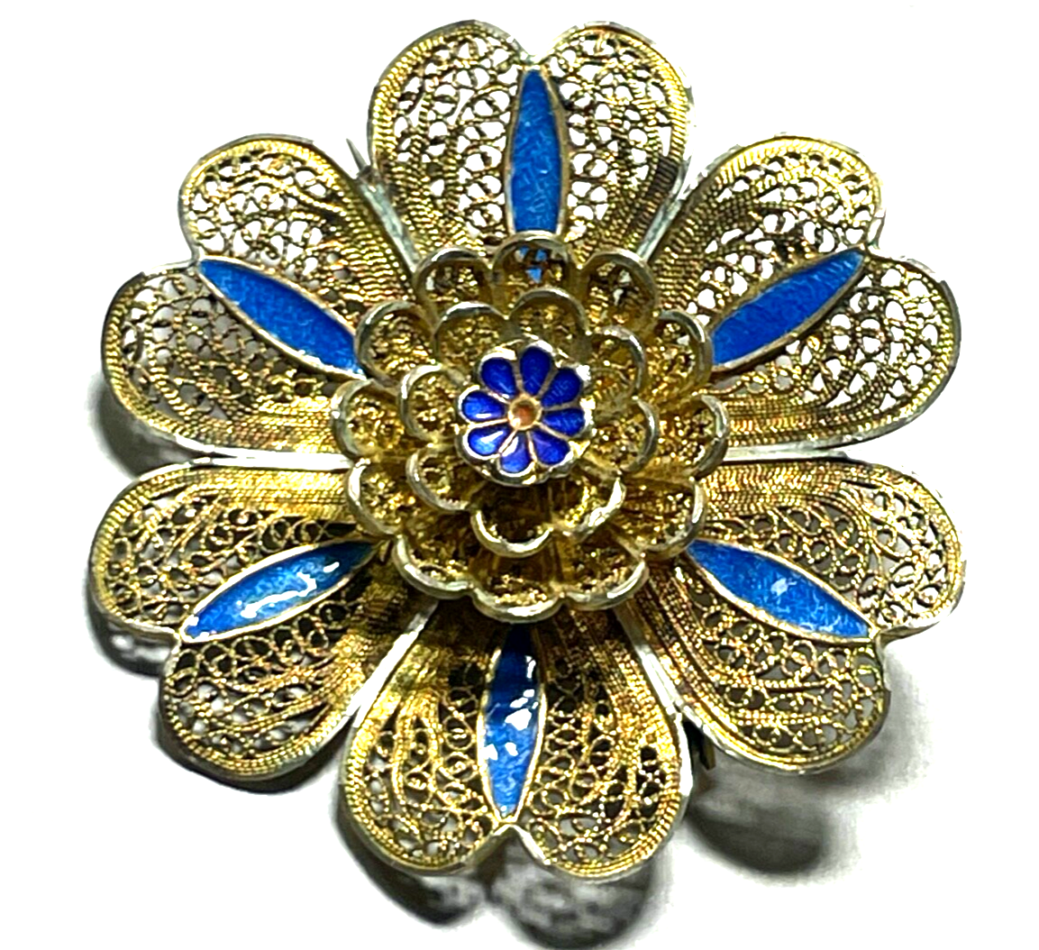 Antik 800 Silber vergoldet Etagen Brosche Blume filigran teils emailliert gepfl.4