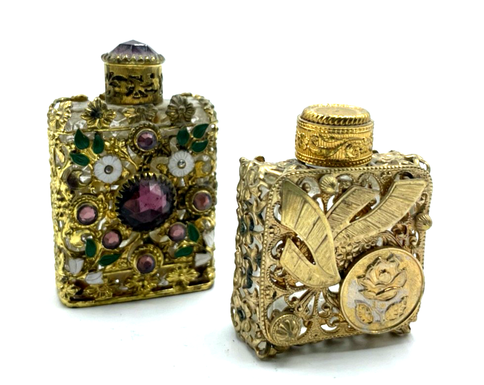 2 x vintage und hübsch dekorierte Parfum Flakon vergoldet  Fläschchen Handarbeit7
