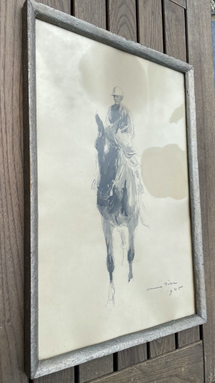 Otto Dill lavierte Tusche Zeichnung Pferd mit Jockey 1945 gerahmt  49 x 34,5 cm6