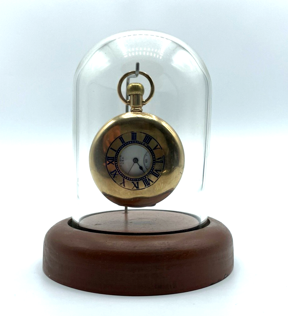 Antik HTU Herren Taschenuhr Elgin USA Golddouble + Glassturz TU Ständer läuft1