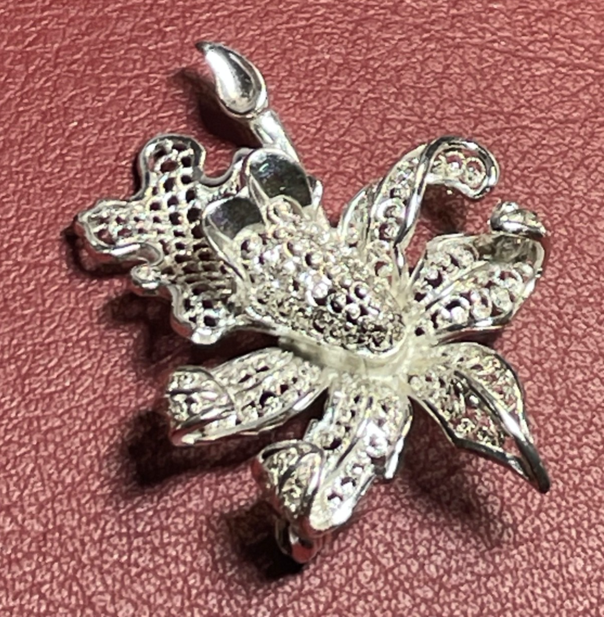 Antik 800 Silber Brosche Anstecknadel Filigransilber Handarbeit Orchidee gepfl.10