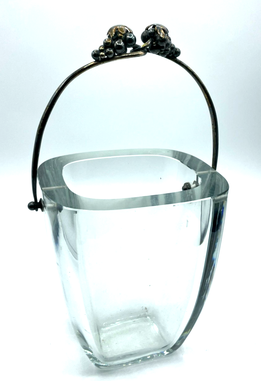 Antik großer schwerer Eiswürfel Behälter Kristallglas 925 Silber Henkel1