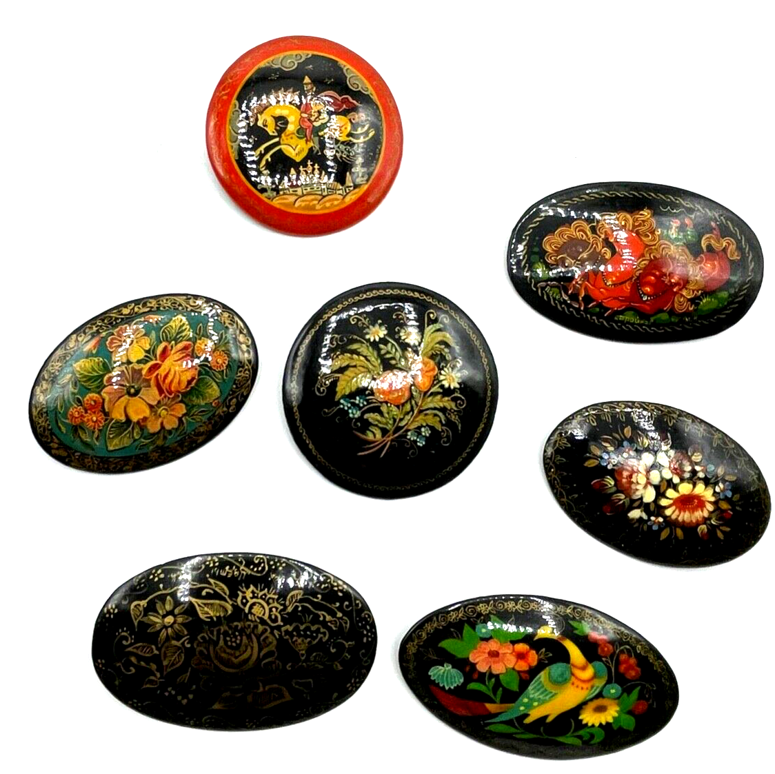 Konvolut Sammlung 7x alte Lack Brosche Handmalerei teils sign. Miniaturmalerei4