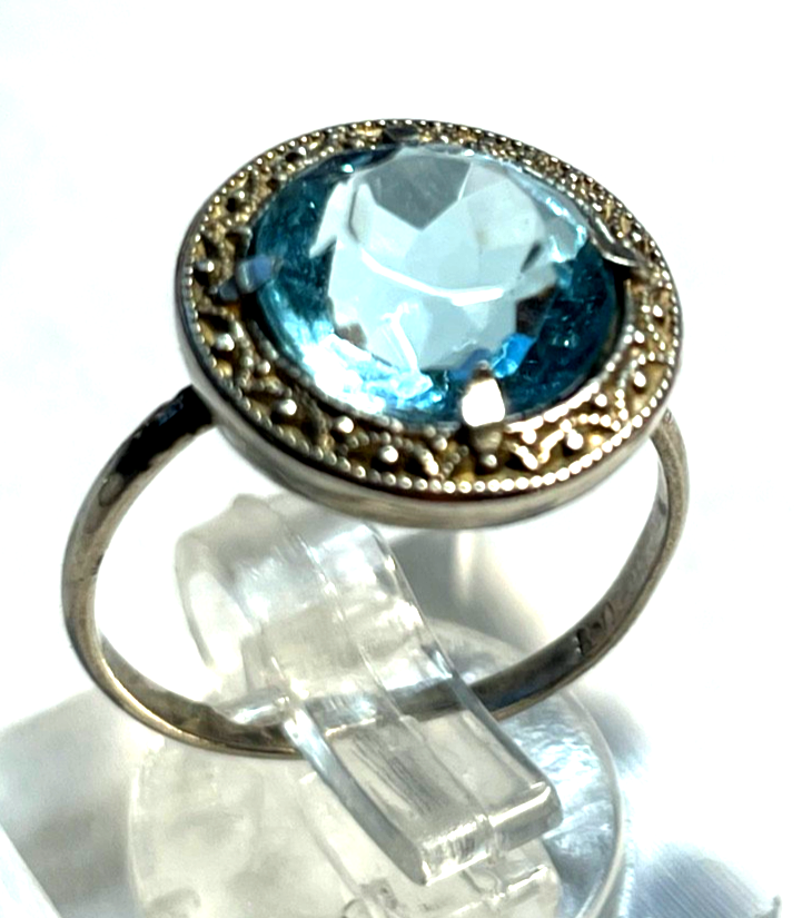 Antik 830 Silber Ring aquamarin farbig wasserblau Spinell 30erJ RG 53 Ø 16,8 mm3