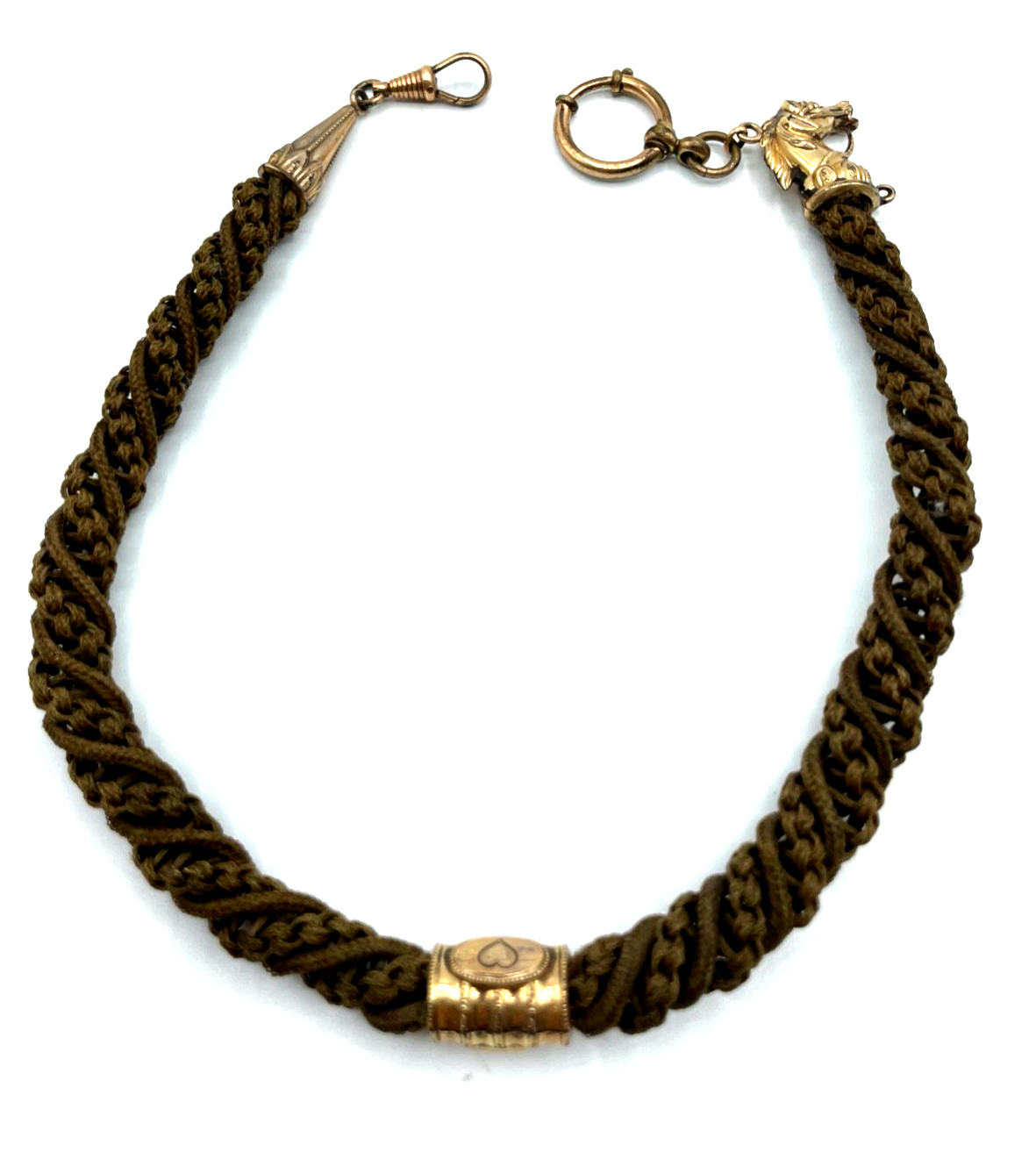 Antik Biedermeier Haarkette Uhrkette Taschenuhrkette Motiv Pferd Dubleegold gepf3