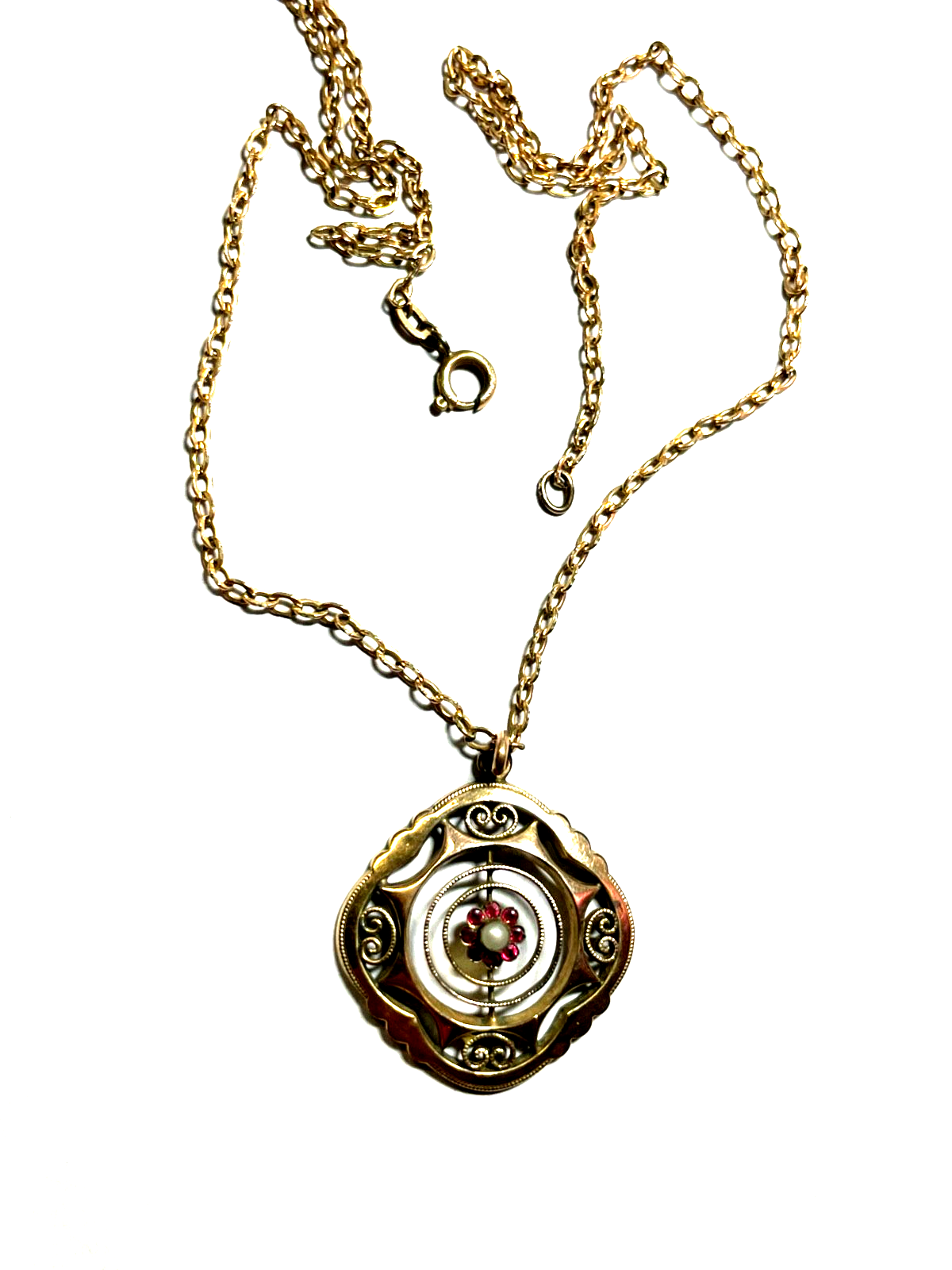 Jugendstil Anhänger mit Kette Rotgold farbig Golddouble Farbsteinchen Perle gepf0