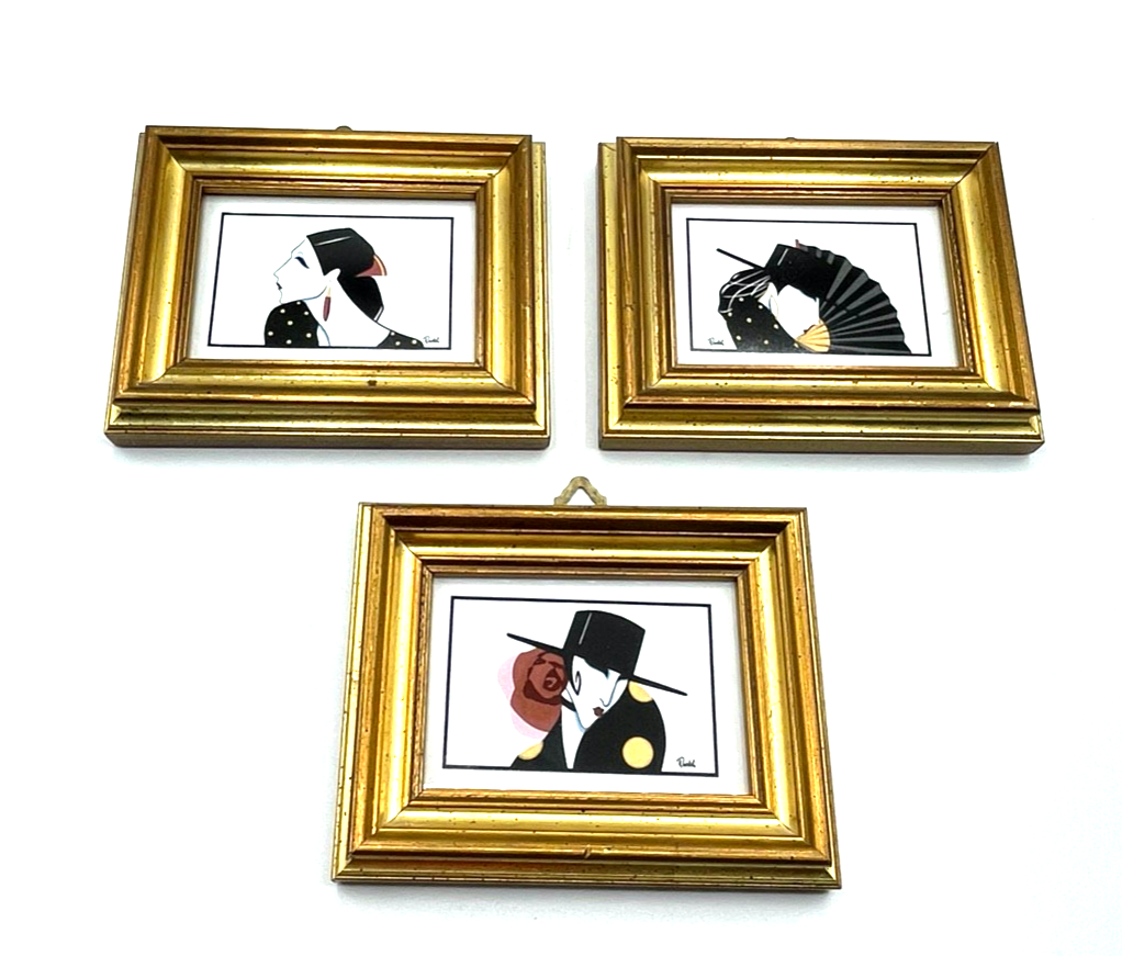 Vintage 3 Roberto Tortoli Porzellan Platten handbemalt gerahmt Art Déco Stil1