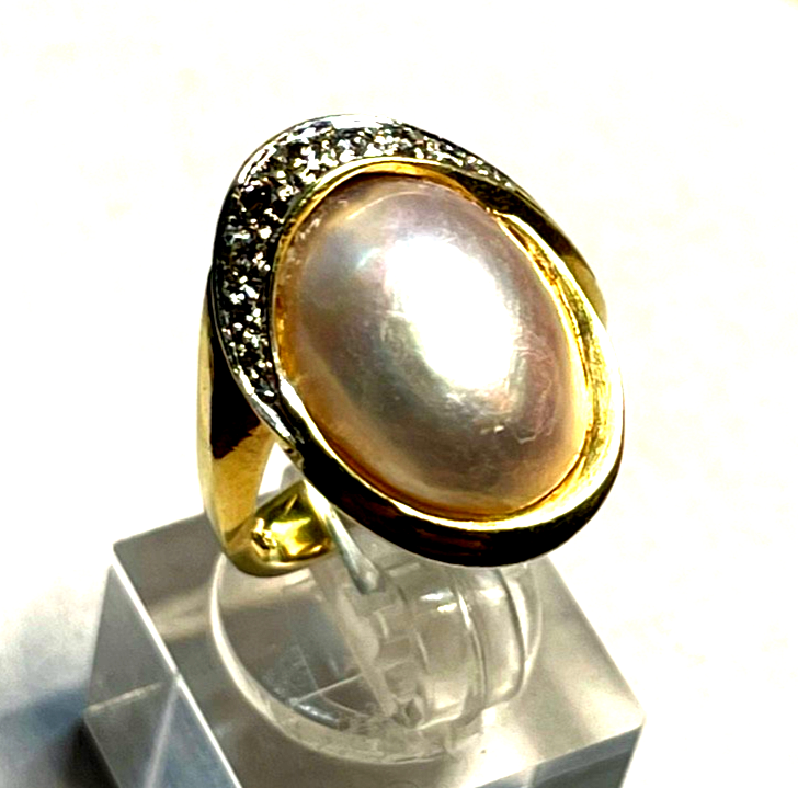 Eleganter 585 Gold 14 K Ring Tahiti Mabé Perle + 10 Diamanten Ø 17,5 mm RG 552