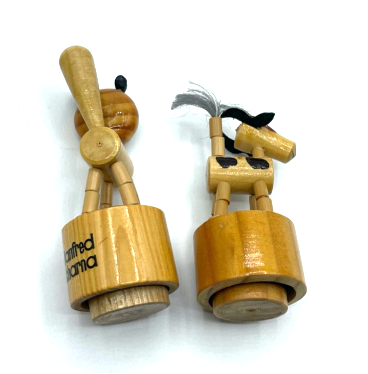 2x vintage Holzspielzeug Wackelfigur Drückfigur alte Werbung 70er J Katze + Kuh3