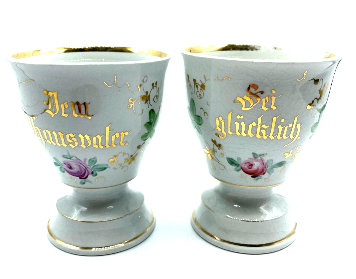 2 antik Sarreguemines Keramik Kakaobecher Andenken Becher Rosen Dekor Spruch0