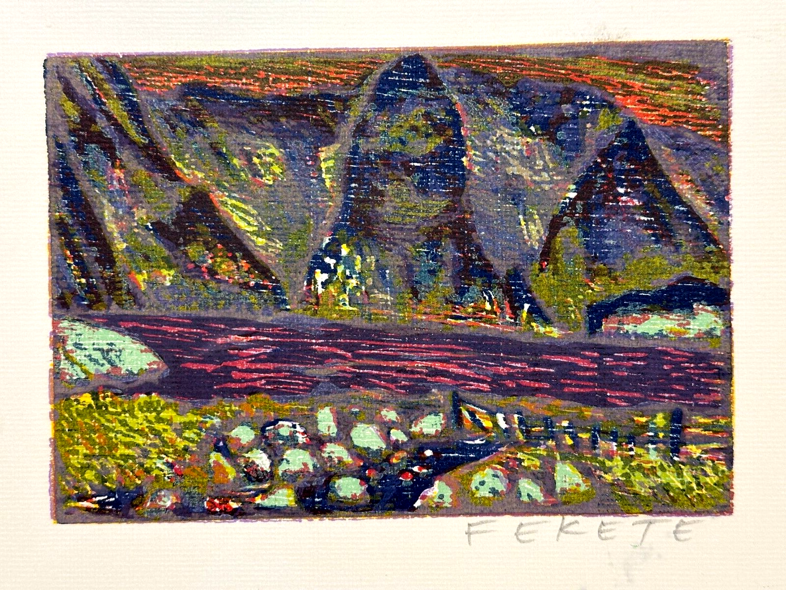 Esteban Fekete 1924-2009 - farbiger Holzschnitt Woodcut - Landschaft - sign.1