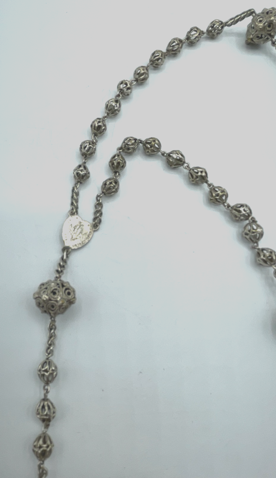Antik Biedermeier Rosenkranz Filigran + Emaille Kreuz Perlen Filigransilber  A4