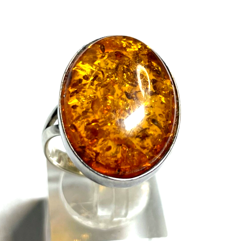 925 Silber Ring ovaler Bernstein Cabochon RG 59 Ø 18,8 solide Qualität gepflegt1