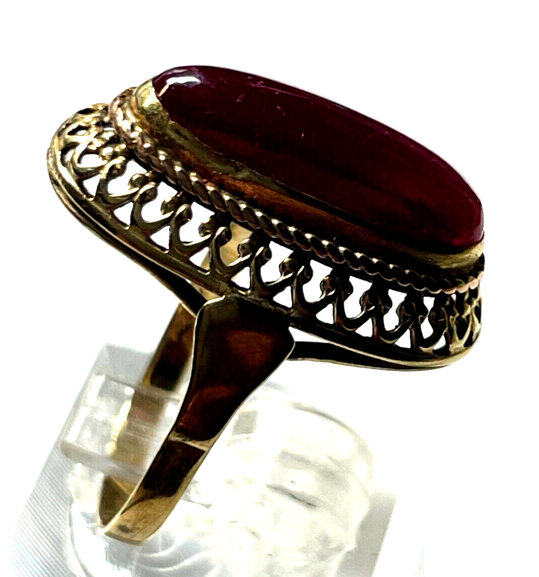 585 Gold 14 K antik Ring mit rotem Korund Farbstein Cabochon RG 47 Juwelier gepf3