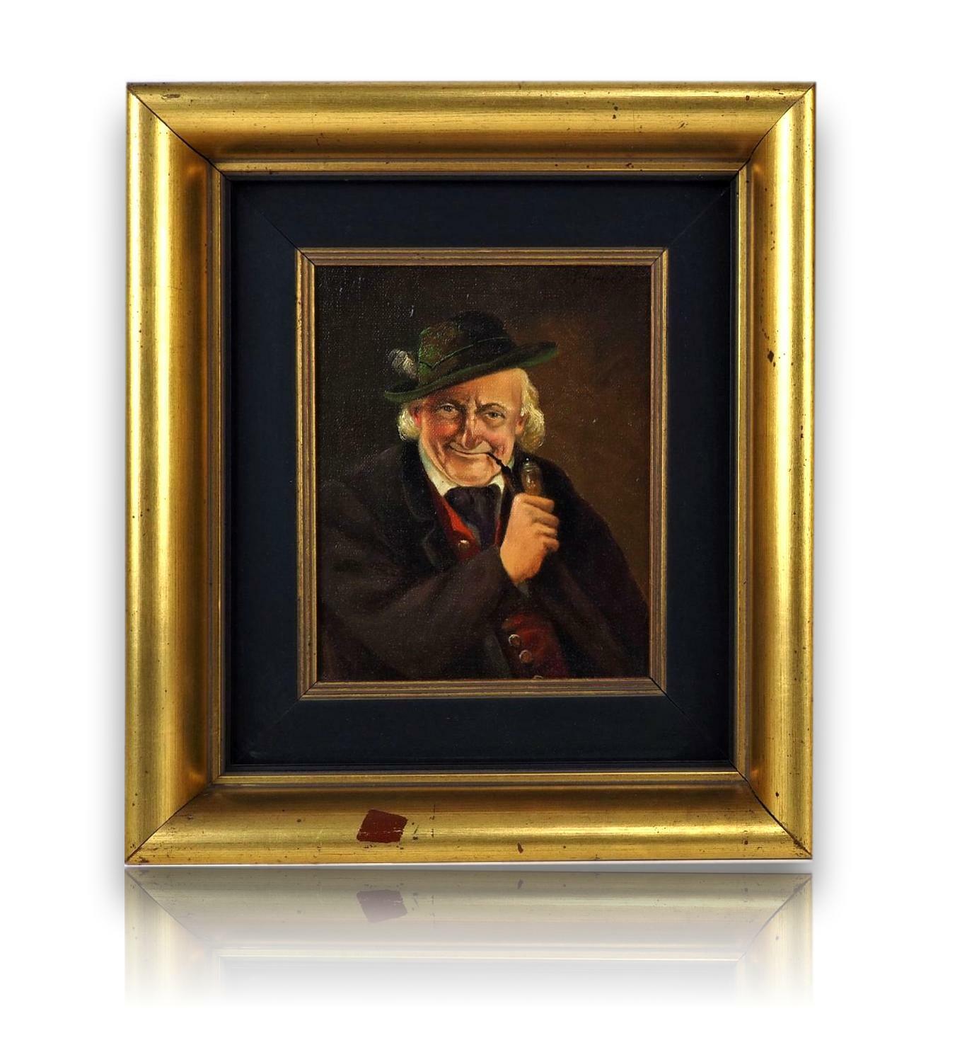 Gemälde Öl auf Holz - Bauer mit Pfeife - Herrenporträt - Goldrahmen - F. Schmid0