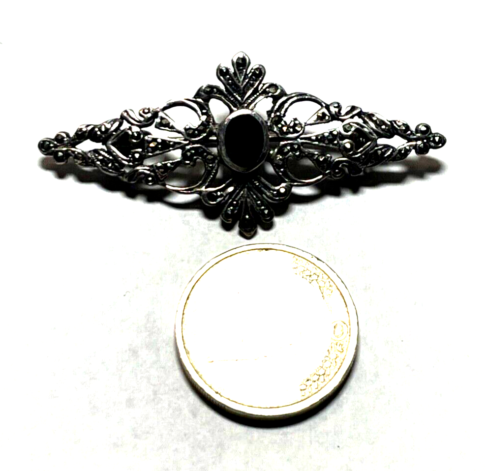 925 Sterling Silber Brosche Onyx Markasit im Antikstil Handarbeit apart L 53 mm4