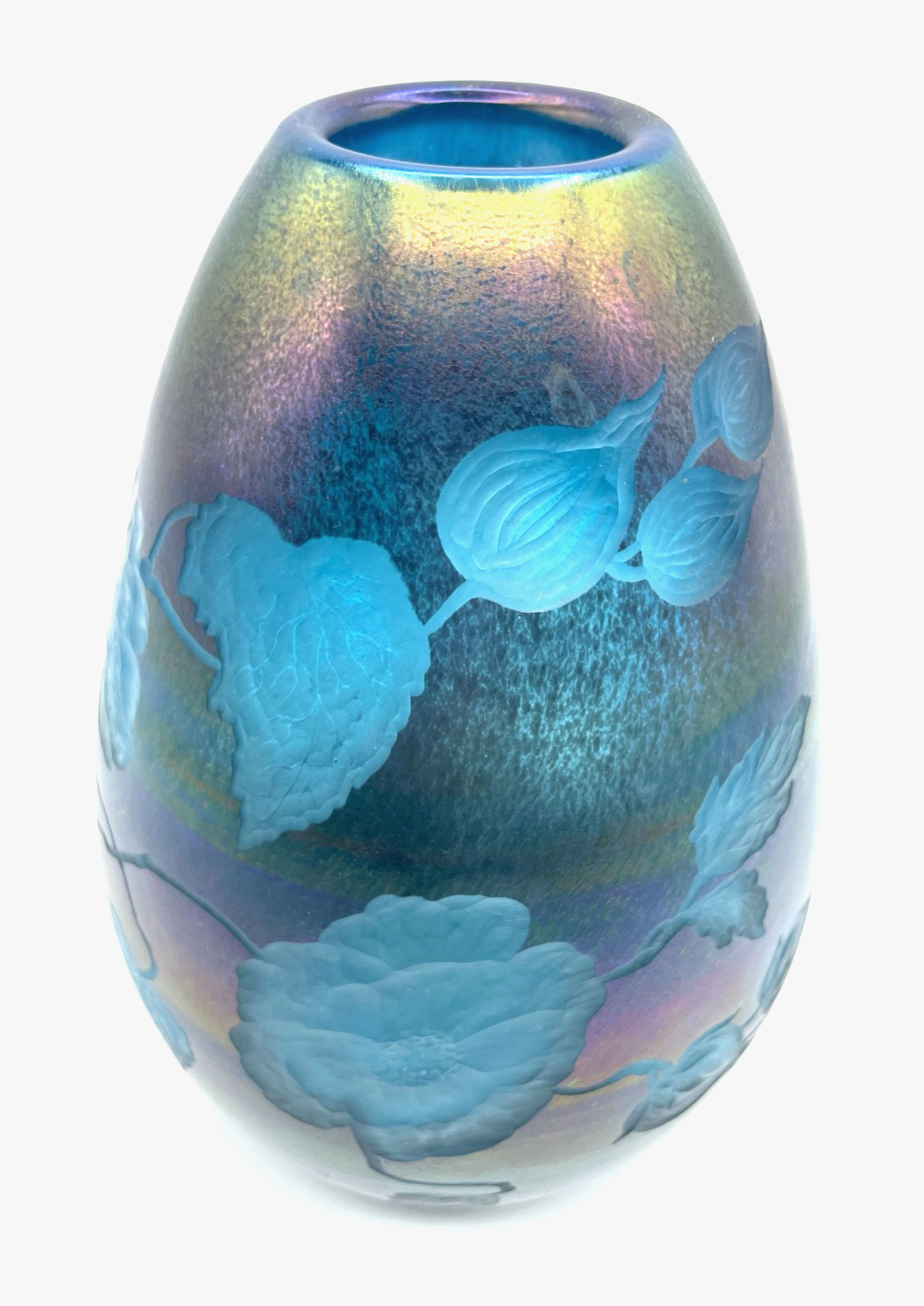 Attraktive Glaskunst Vase Schmid - Jacquet signiert irisierend + geätzte Blumen1