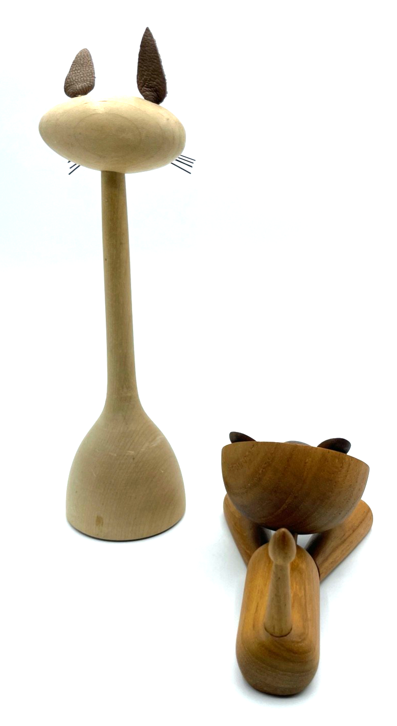2x vintage Holzspielzeug Katze + Löwe Teakholz Handarbeit Skandinavien Design ?4