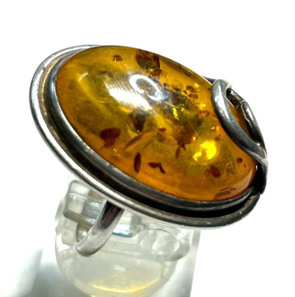 Aparter 925 Silber Ring Handarbeit Bernstein Cabochon RG 51 Ø 16,2 mm gepflegt2