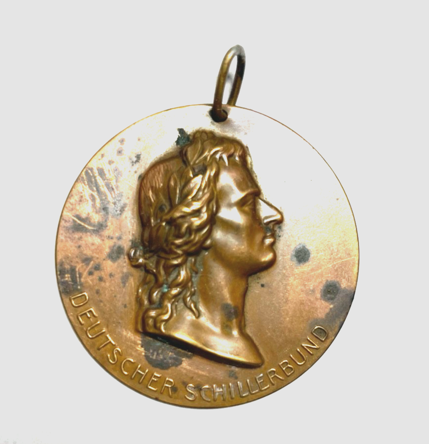 Antik Friedrich von Schiller Plakette Medaille Anhänger Kupfer Blech um 19050