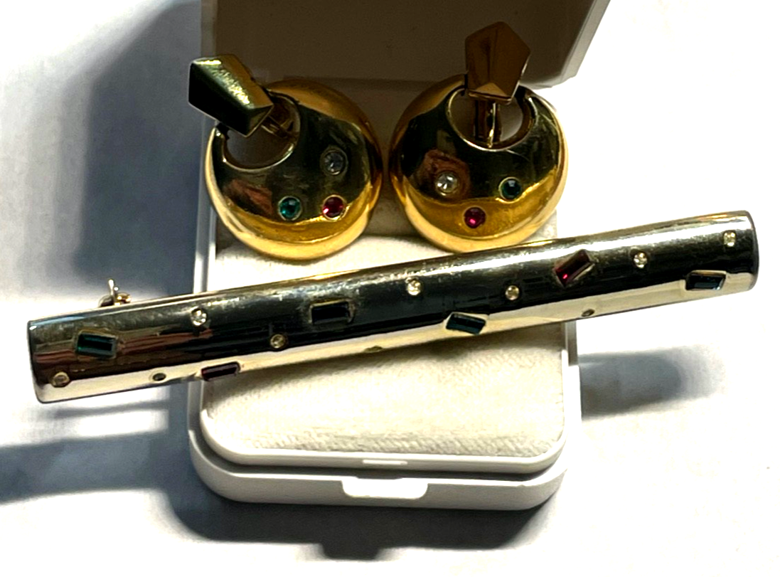 80erJ Modeschmuck Set Brosche + Ohrclips Clips Farbsteine vergoldet 1A gepflegt1