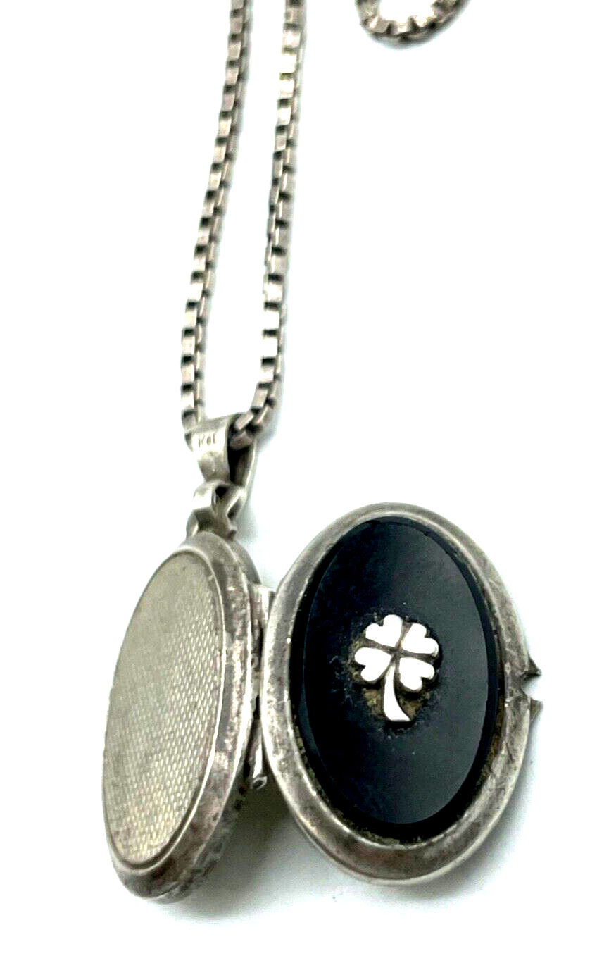 Antik kleines K&L Silber Medaillon Anhänger Onyx Kleeblatt Sterling Silberkette0