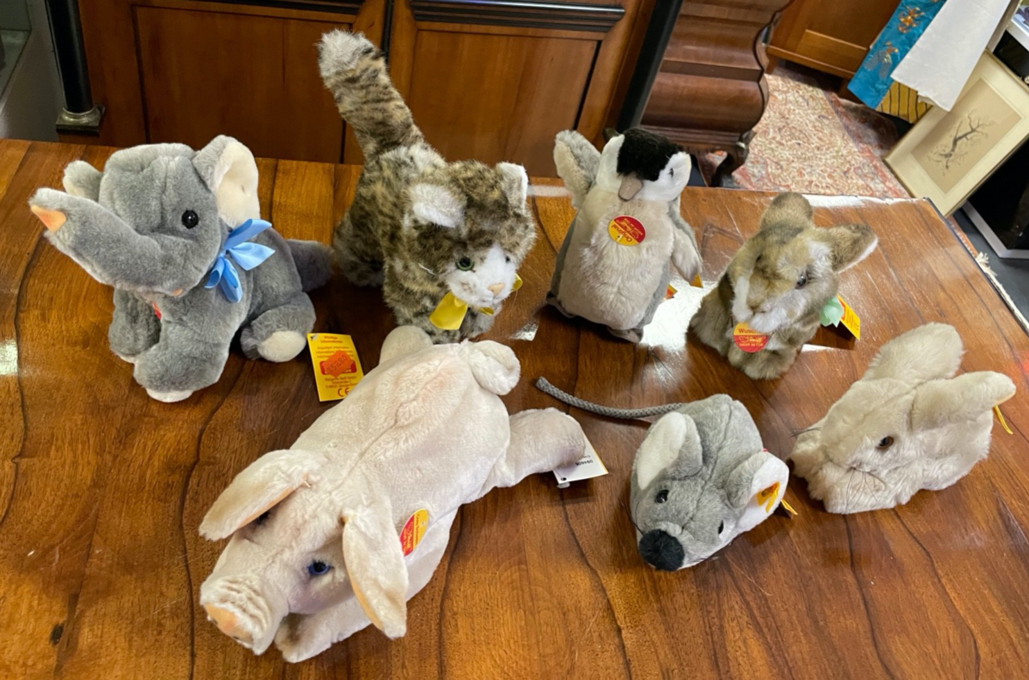7 x top gepflegt Steiff Tier Konvolut Hase Pinguin Schwein Katze Maus Elefant1