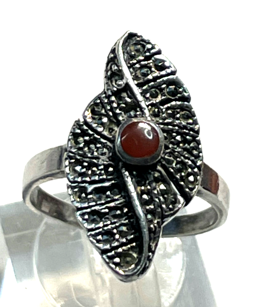 Solider 925 Silber Ring mit Karneol Markasiten Antikstil Ø 18mm RG 56 Handarbeit0