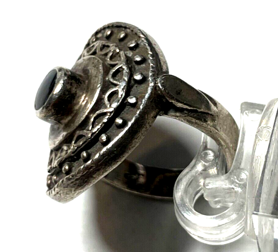 Solider 925 Silber Ring Onyx Cabochon vintage Handarbeit RG 53 Ø 16,8 mm Ethno5