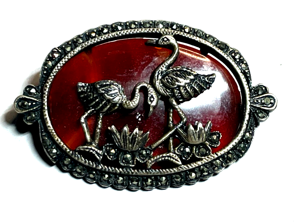 Antik Silber Brosche Anstecknadel Streifenachat Kraniche Markasiten Art Déco1