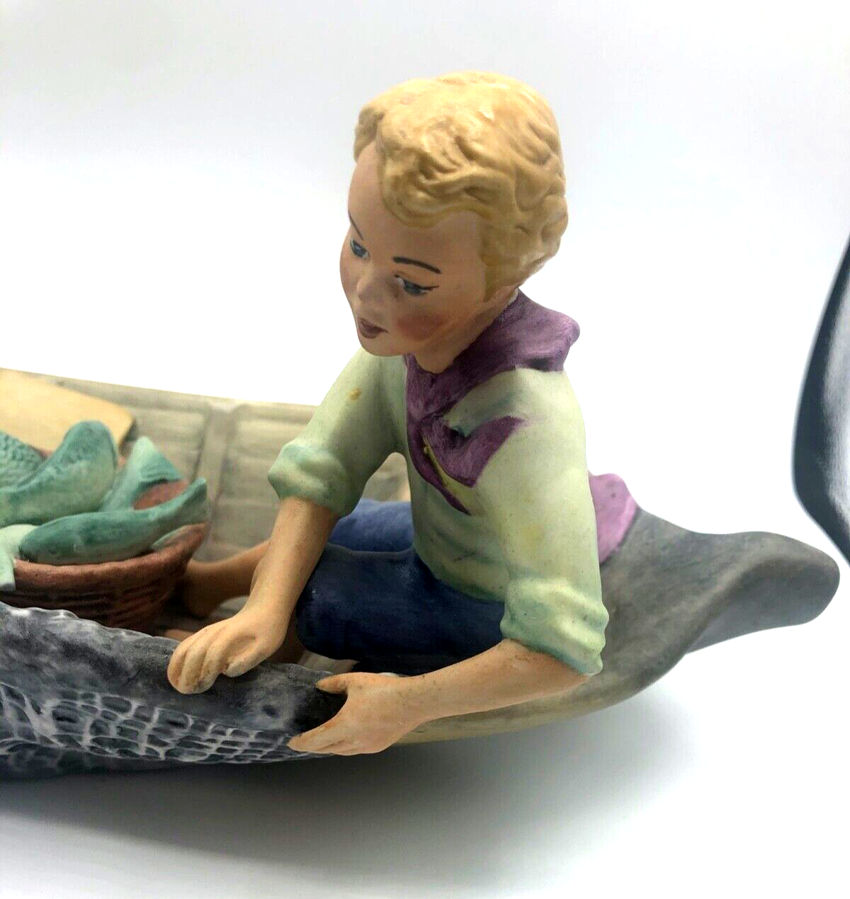 Stattliche Porzellan Figur Vater Sohn Fischer Boot Biskuit handbemalt L 39 cm6
