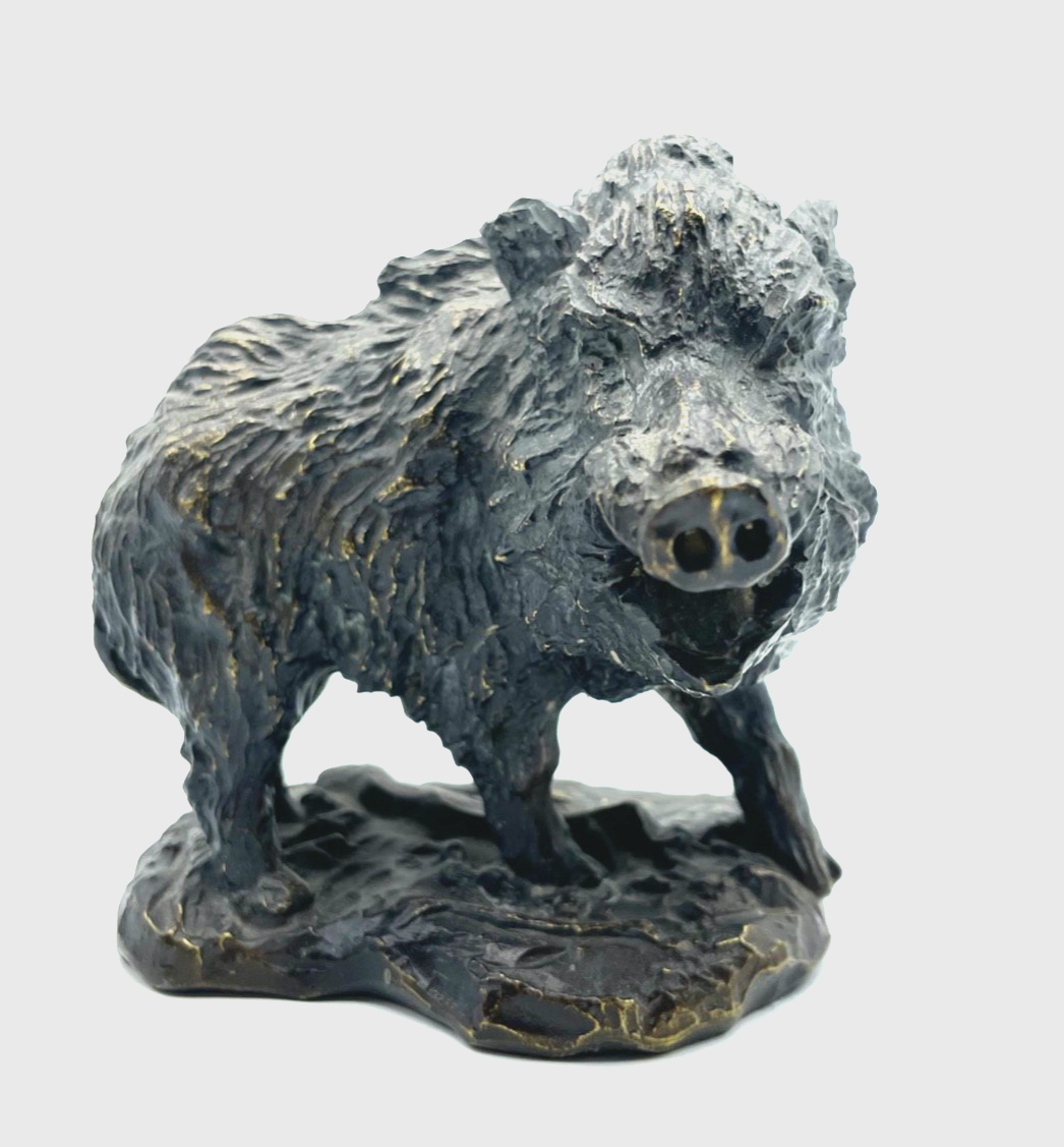 * Vintage Tierplastik Bronze Metallguß Wildsau Wildschwein Keiler Figur Patina6