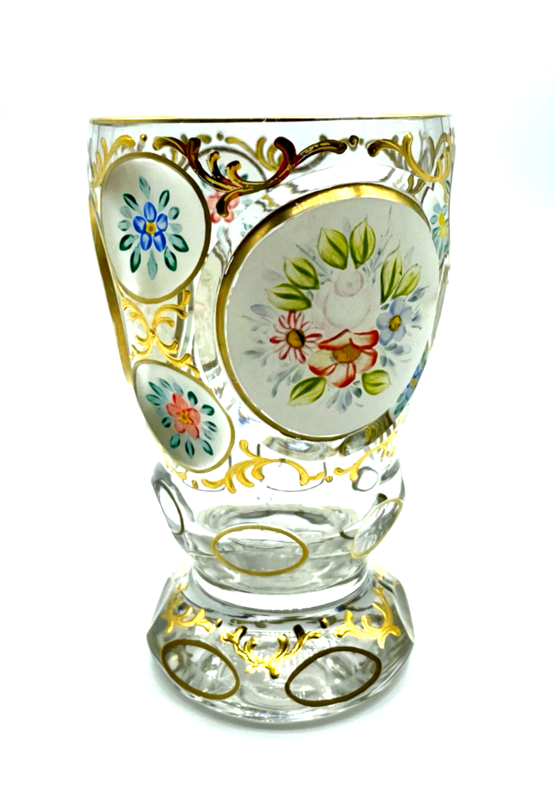 Antik Pokal Glas Becher handbemalt Ranftbecher Blumen Gold Dekor7