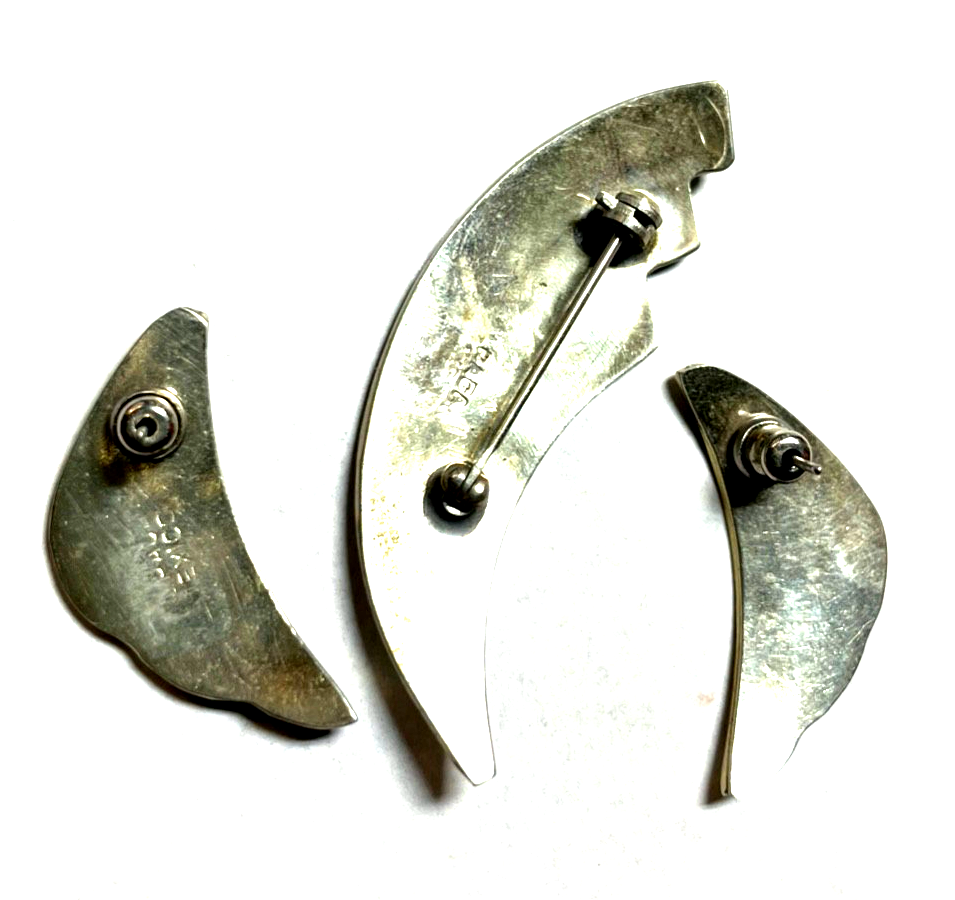 Vintage Set Ohrstecker + Brosche Mexiko Alpacca mit Abalone Paua Muschel Einlage4